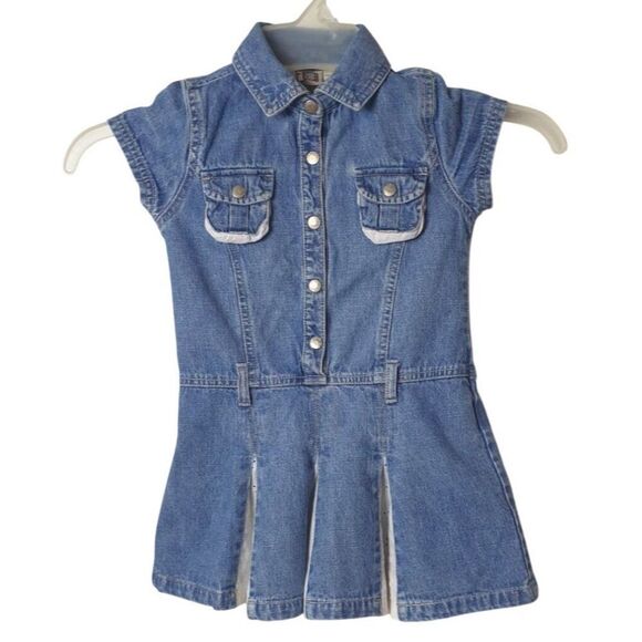 Faded Glory Girls Denim Dress 4T Short Sleeve Button Front Pleated Skirt - Picture 1 of 4